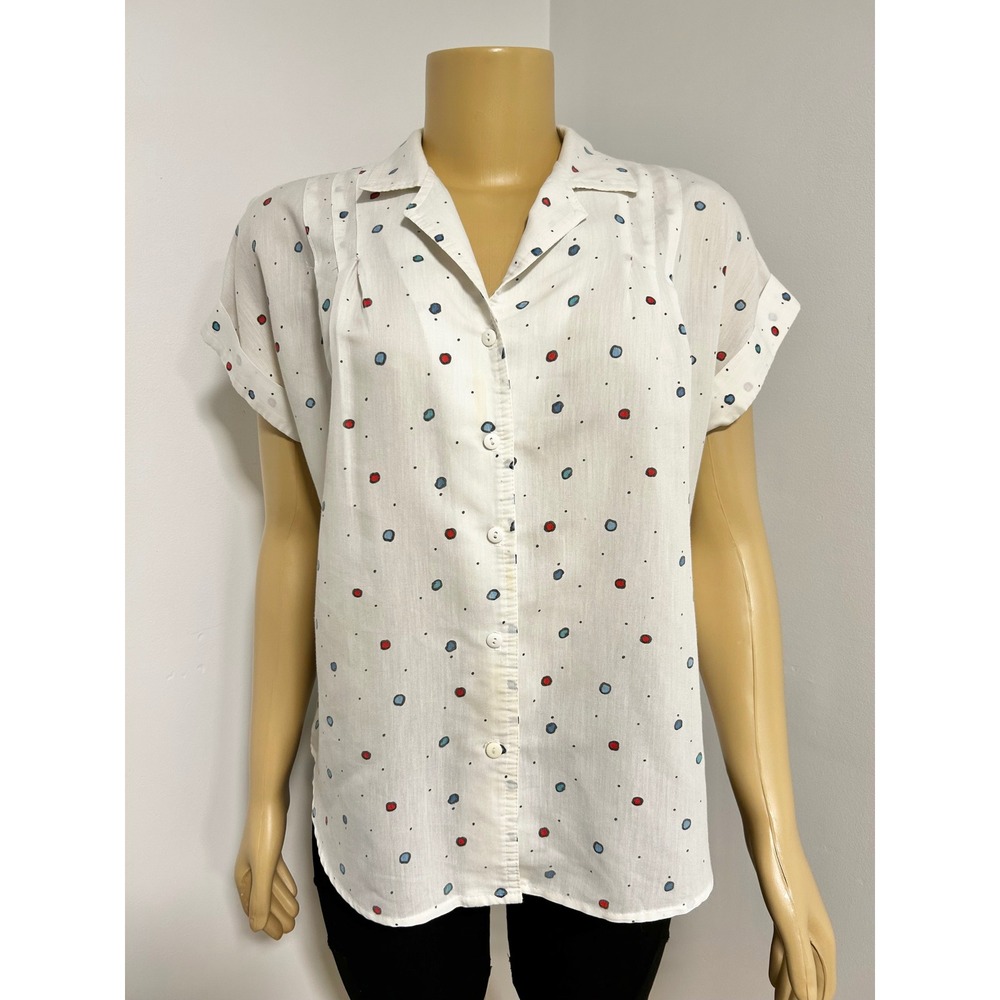 Cabrais 70s mod Vintage Short Sleeve Button Down Polka Dot Shirt White Red Blue